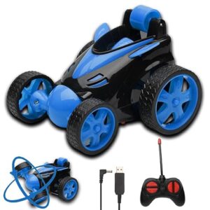 Gooyo DB2060 Rechargeable 360? Rotating & Rolling Small Stunt Car Toy with USB Cable & Remote Controller | Blue Color, Power Source: Lithium Battery in Car (Included)