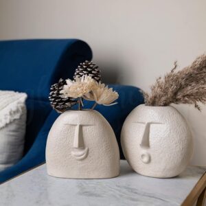 Glimpse Homes Ceramic Flower Vase | Set of 2 | Upbeat Face Vase 5.5 inches & Blowing Kiss Face Vase 6 inches (White, Satin Matte Finish)