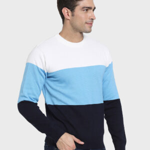Men?s Blue & White Color Block Flat Knit Sweater