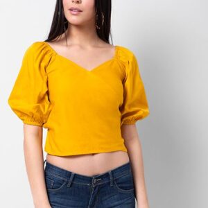 Mustard Solid Puff Sleeve Wrap Top