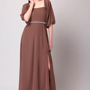 Dusty Pink Puff Sleeve Dress with Embellished Belt