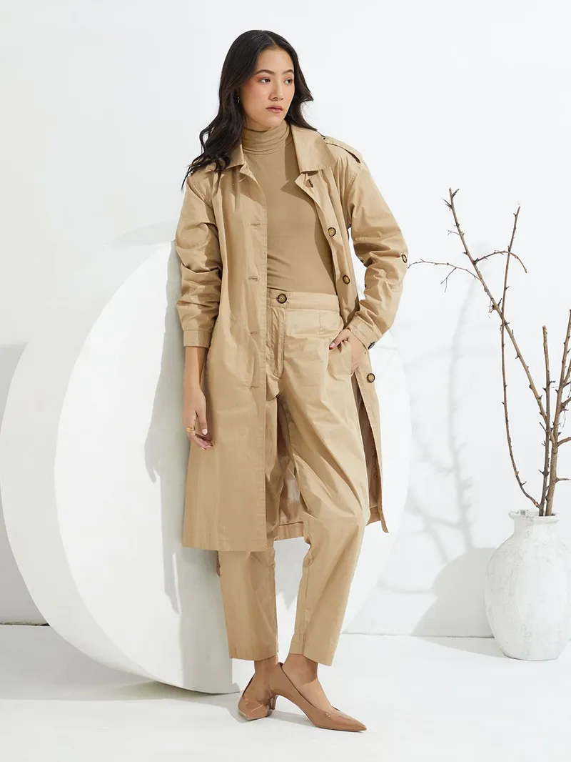 Beige Twill Trench Coat with Belt and Pants
