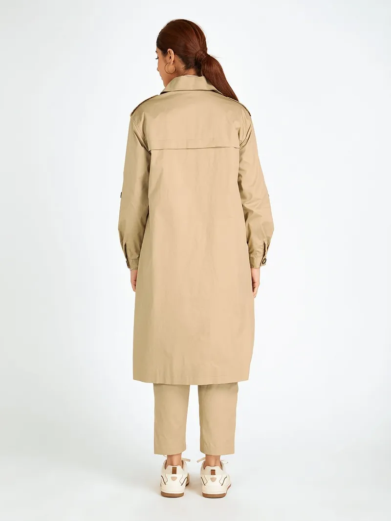 Beige Twill Trench Coat with Belt and Pants - Image 2