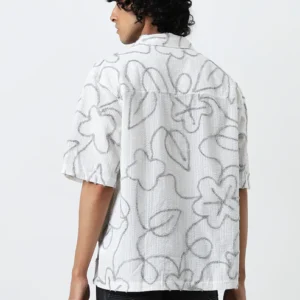 White Botanical Design Relaxed-Fit Cotton Shirt