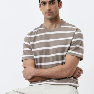 Dark Beige Textured Slim-Fit T-Shirt