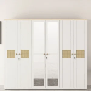 Kosmo Lilly 6 Door Wardrobe in Kingston White & Sebastian Oak Finish with Mirror