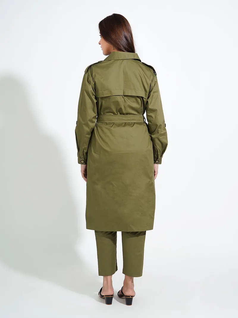 Beige Twill Trench Coat with Belt and Pants - Image 4