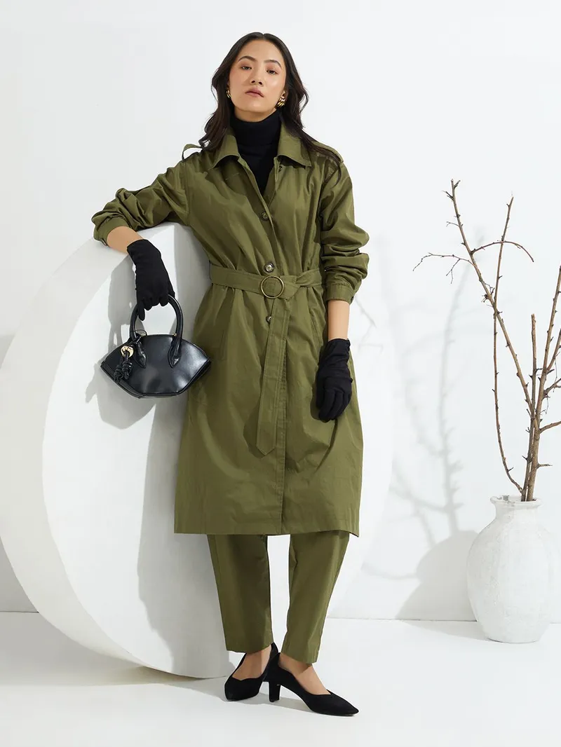 Beige Twill Trench Coat with Belt and Pants - Image 3