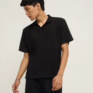 Black Knit-Textured Relaxed-Fit Polo T-Shirt