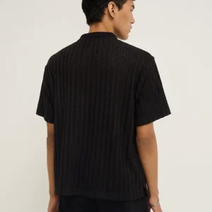 Black Knit-Textured Relaxed-Fit Polo T-Shirt