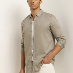 Dusty Olive Solid Slim-Fit Cotton Shirt